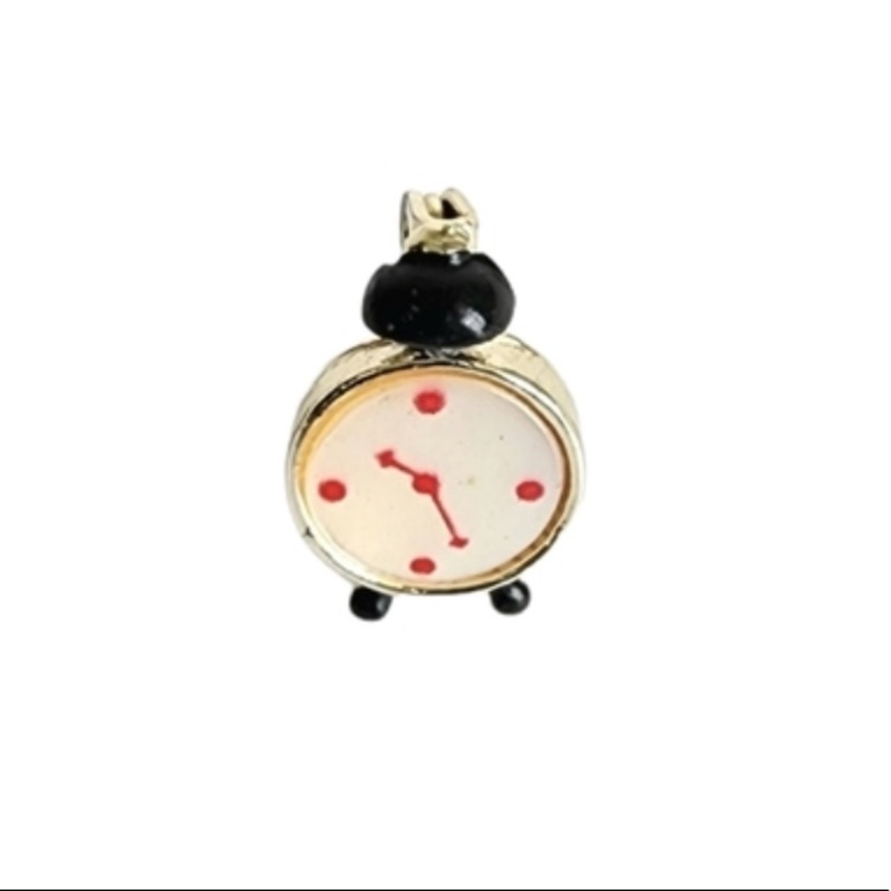 Vintage Tiny Alarm Clock Brooch Small Scatter Pin‎ Gold Tone Black White Red